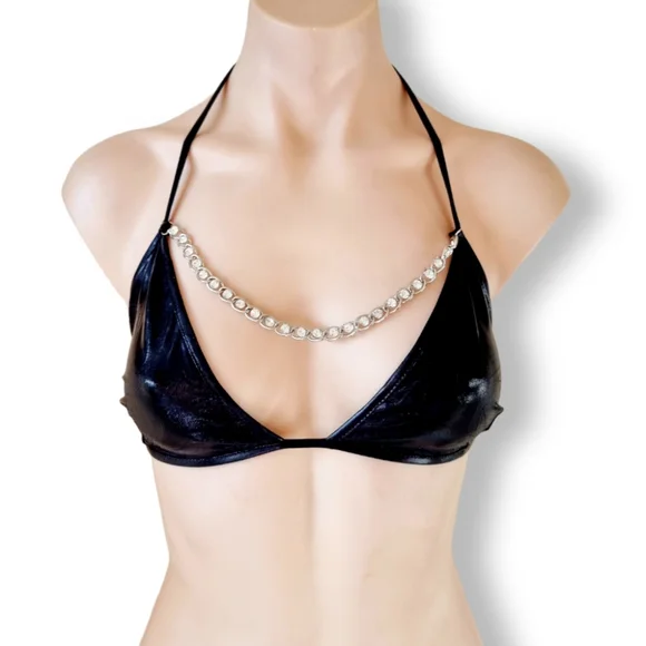 Metallic black wet-look triangle bralette/ bikini / lingerie silver chain top - Picture 5 of 10